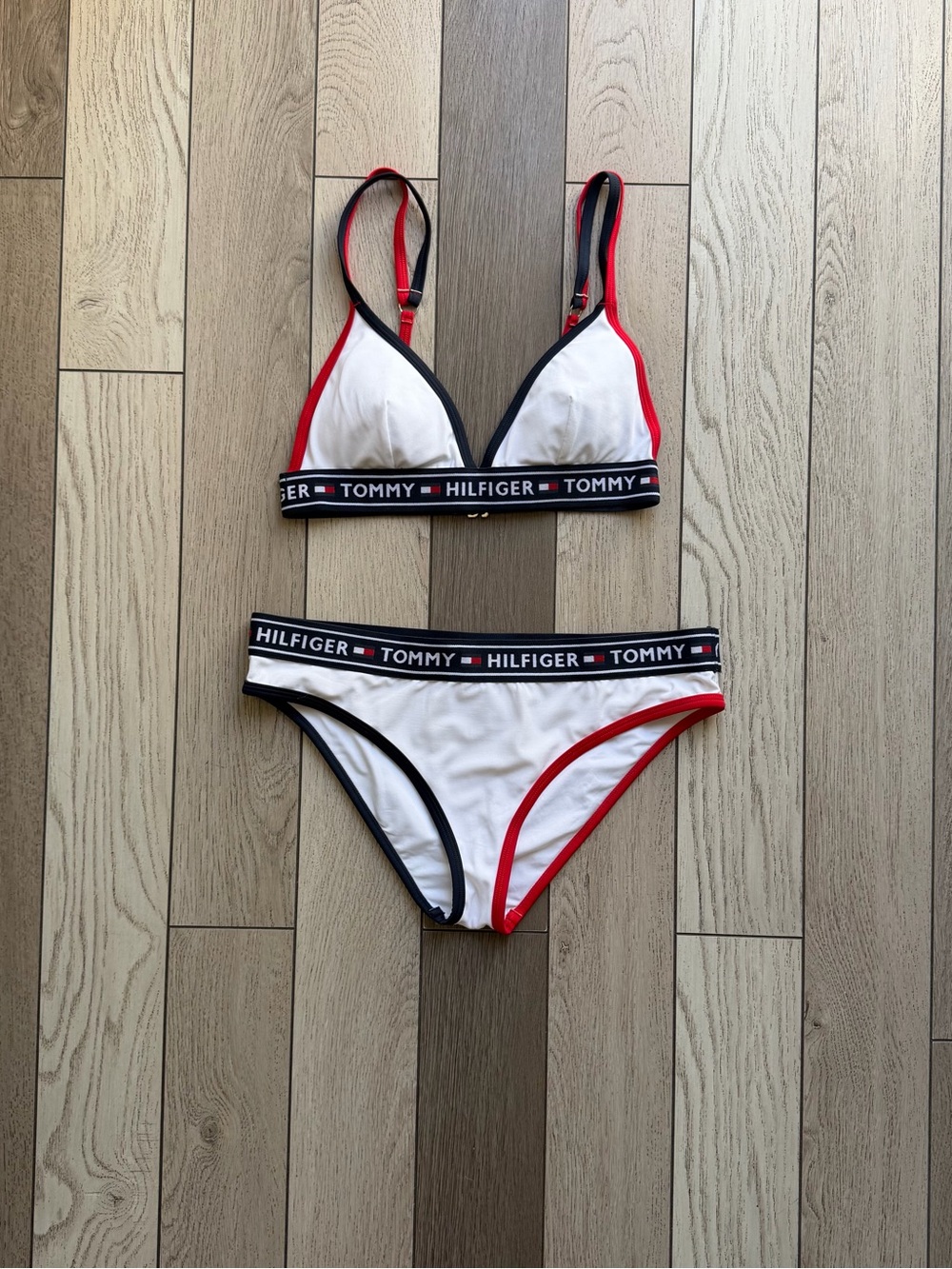 Tommy Hilfiger White Bikini Set with Navy & Red Accents